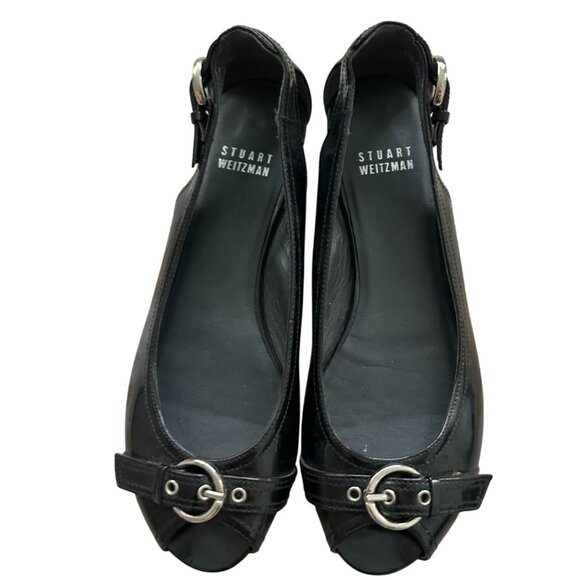 STUART WEITZMAN Black Patent Leather Peeptoe Buckle Flats Size 6.5 - Picture 9 of 9